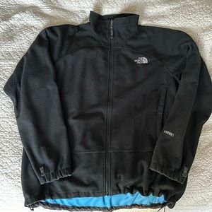 Worn men’s north face fleece zip up shell jacket, size XL